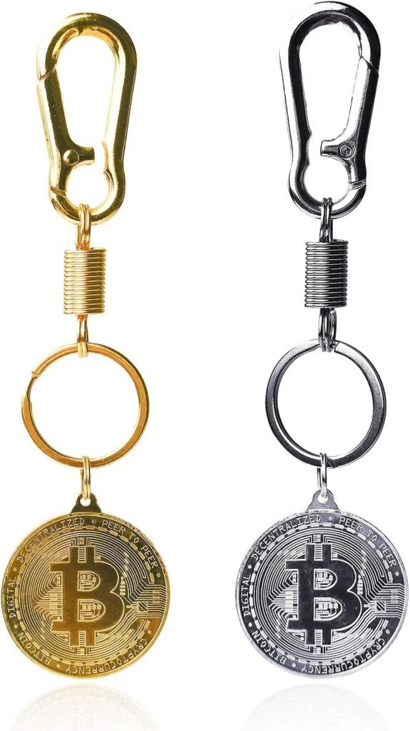 2 Pcs Bitcoin Coin Keychain Gold Silver BTC Coin Keychain Cryptocurrency Coin Key Chain