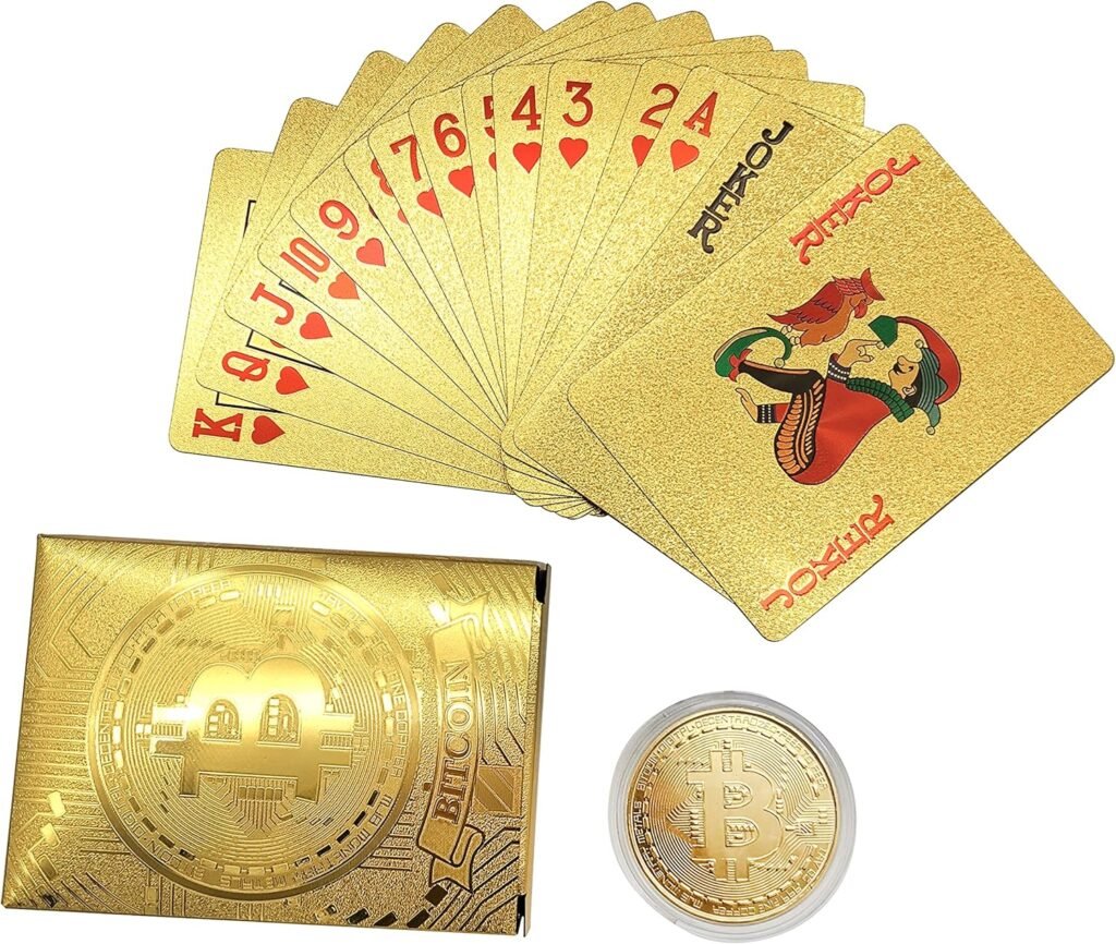 Bitcoin Waterproof Gold Playing Cards with Commemorative Bitcoin Encased in Protective Plastic