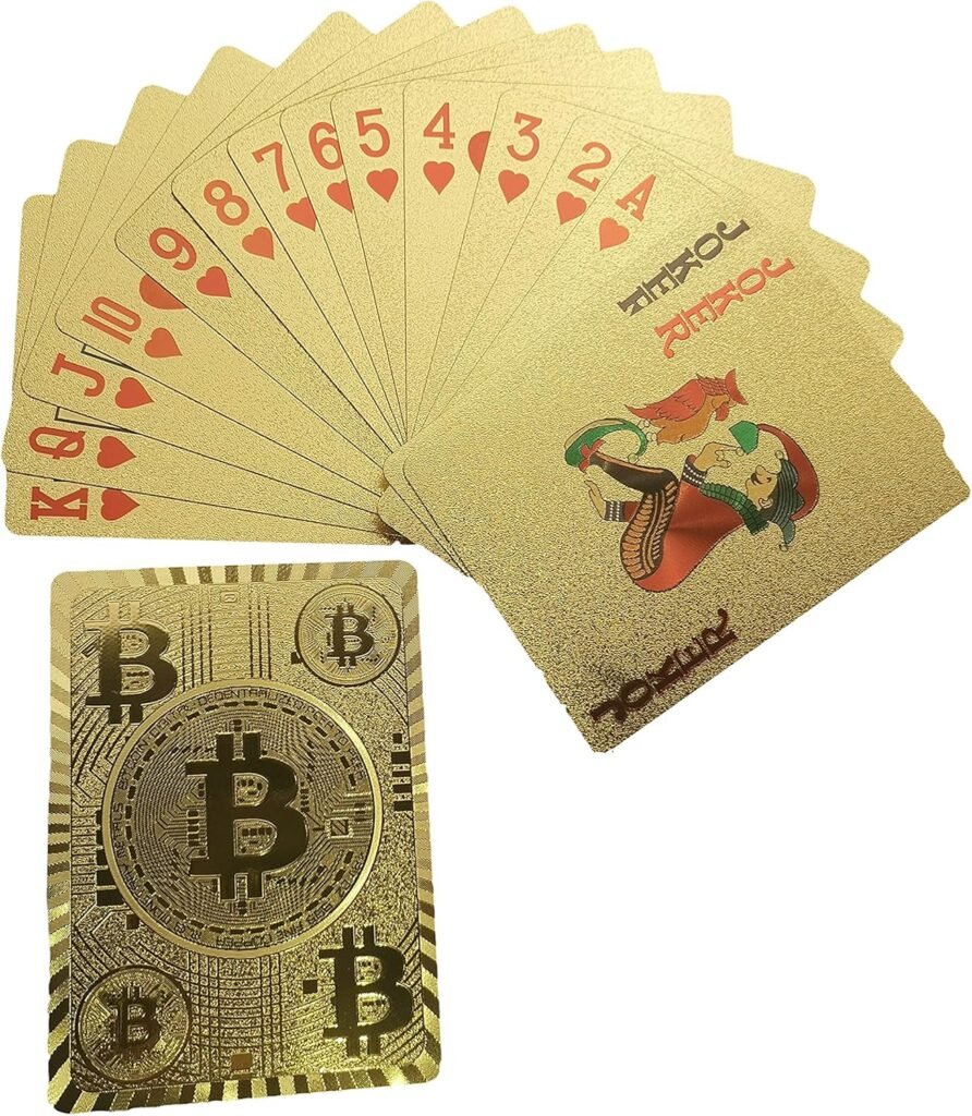 Bitcoin Waterproof Gold Playing Cards with Commemorative Bitcoin Encased in Protective Plastic