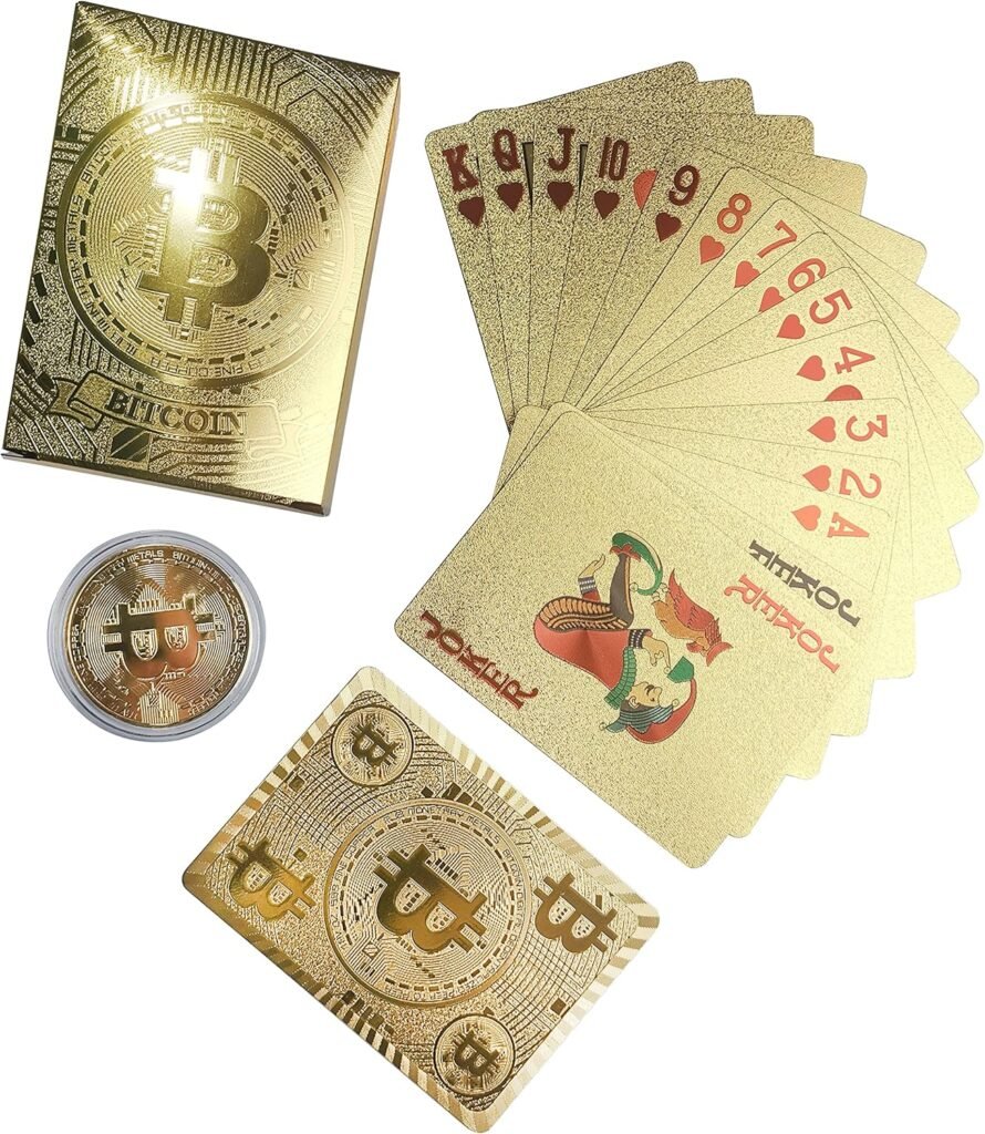 Bitcoin Waterproof Gold Playing Cards with Commemorative Bitcoin Encased in Protective Plastic